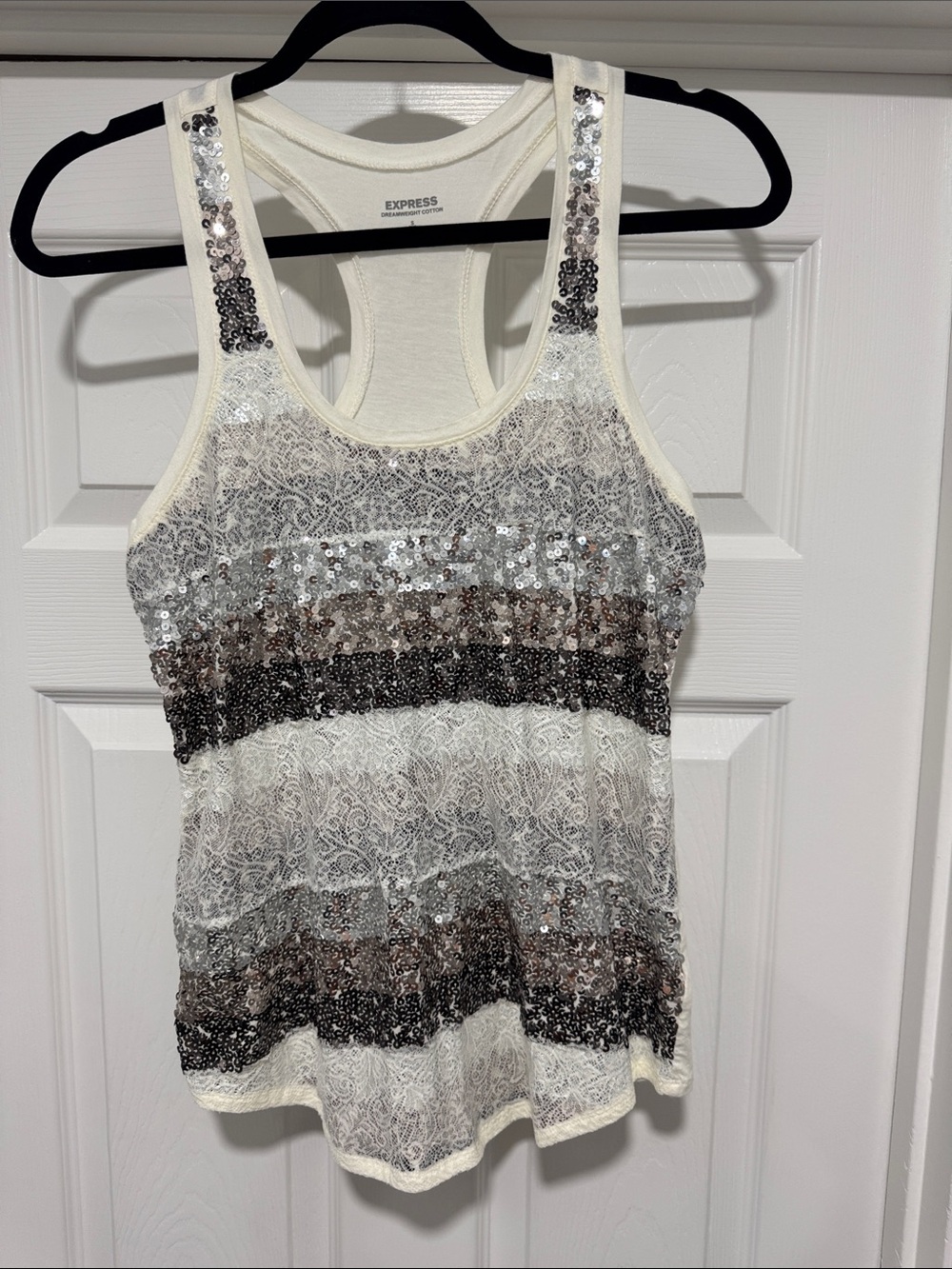 Express Ivory Lace Racerback Tank with Silver and Gray Sequins